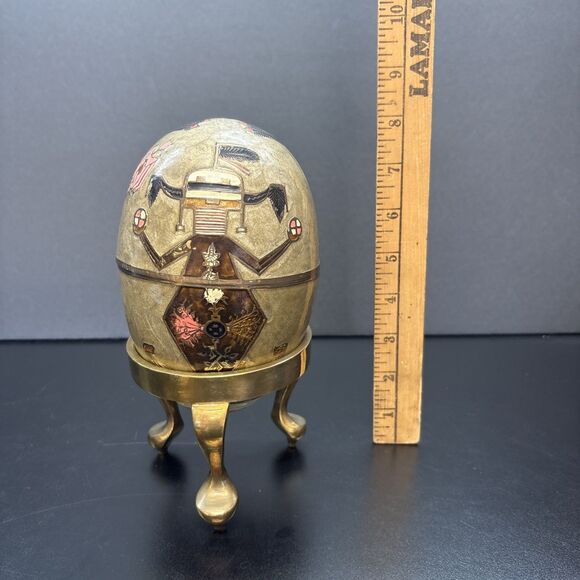 Enameled Cloisonne Brass Egg Trinket Box with Brass Stand - Picture 2 of 12